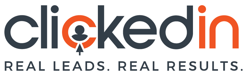 Clickedin logo and slogan: real leads. real results.